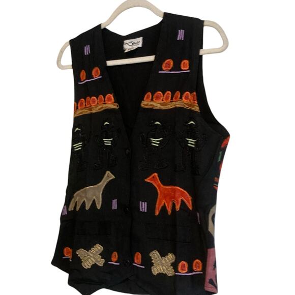 Vintage 90s Instyle New York Black Tribal Embroidered Fitted Rayon Vest Sz Small - Picture 16 of 16